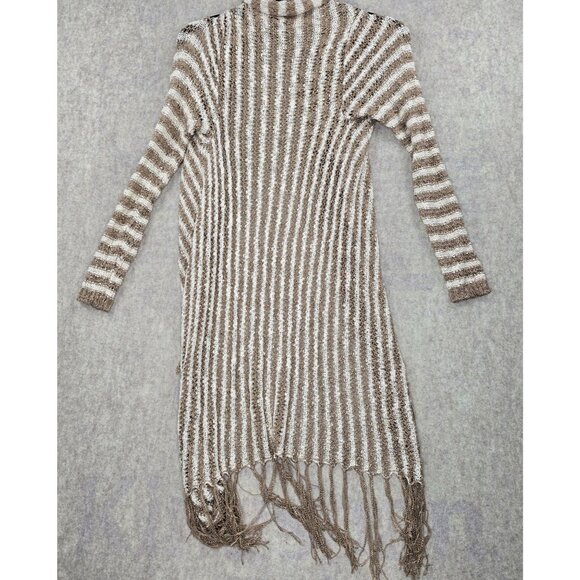 Rue21 Striped Fringe Open Front Cardigan Sweater Medium Beige - Picture 2 of 6